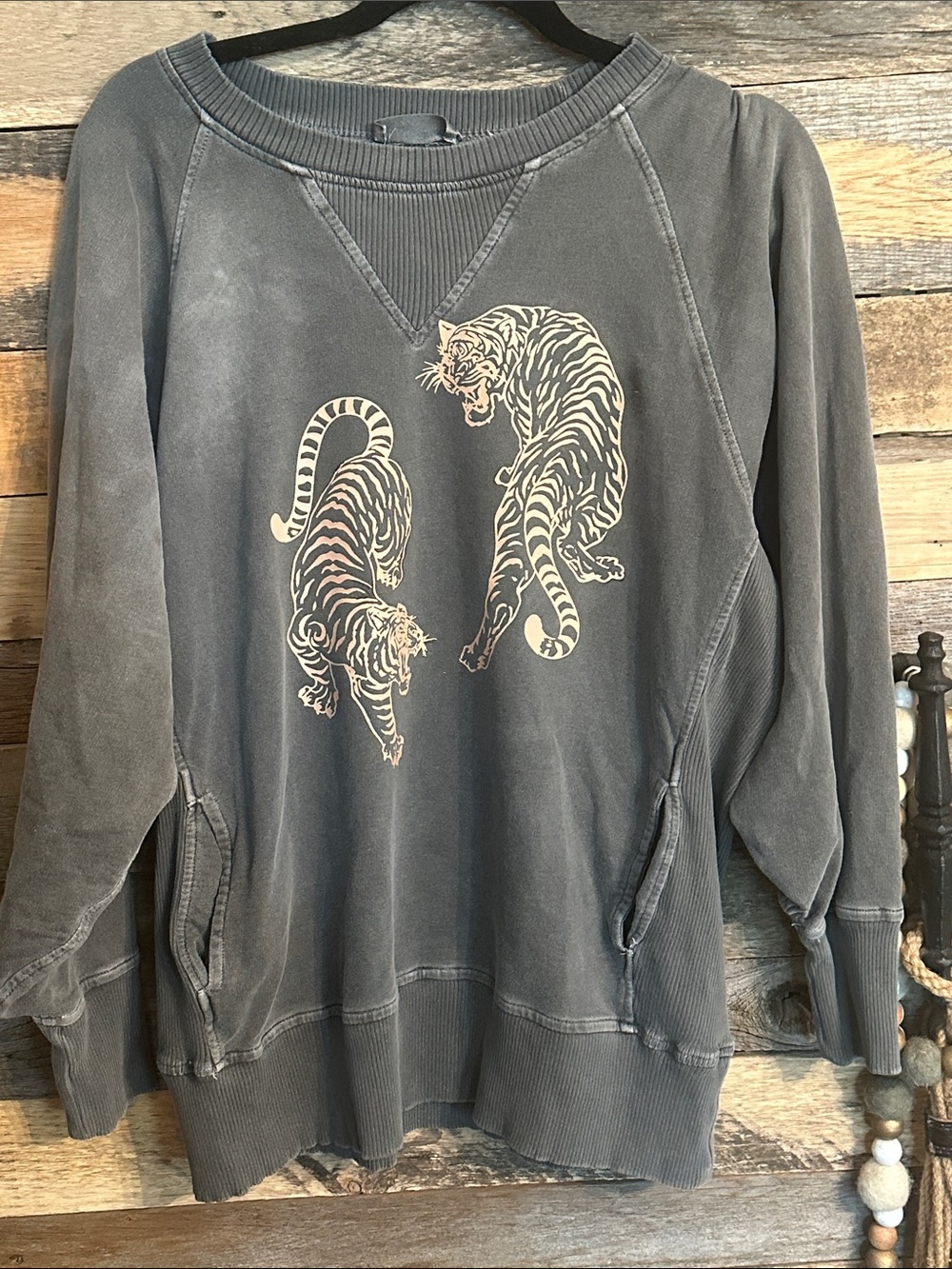 Washed Gray Women's Sweatshirt with Tiger Graphic